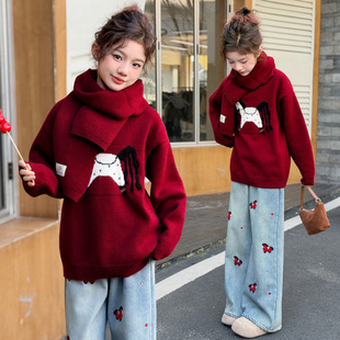 女童过年新年加厚毛衣冬季新款2026年马年本命年衣服红色围脖上衣