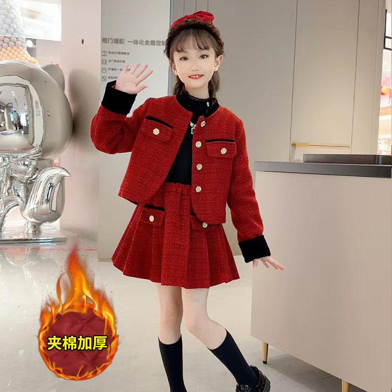 女童小香风套装秋冬2026新款儿童女孩过年红色裙子新年衣服两件套