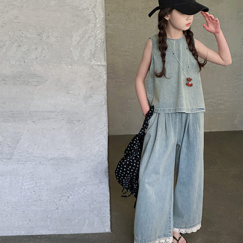 女童夏季套装2026新款洋气儿童牛仔背心夏装女孩时髦阔腿裤两件套