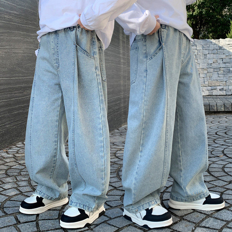 男童春上新牛仔裤初中生2026新款宽松长裤男孩春秋潮水洗阔腿裤子