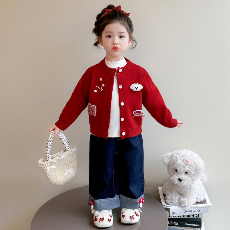 女童春装套装2026新款儿童春秋巨好看时髦女宝宝开衫牛仔裤三童装