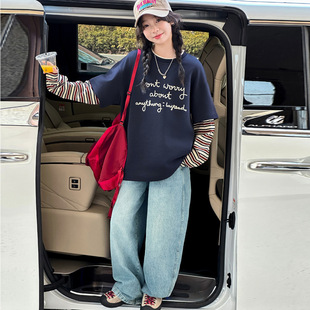 女童春秋款假两件卫衣套装2026新款女大童洋气时髦儿童春装牛仔裤