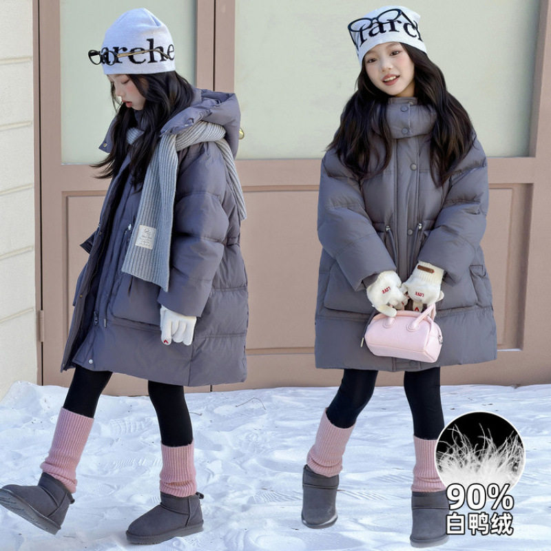 女童可收腰中长款羽绒服2025新款冬装韩版中大童保暖90白鸭绒外套