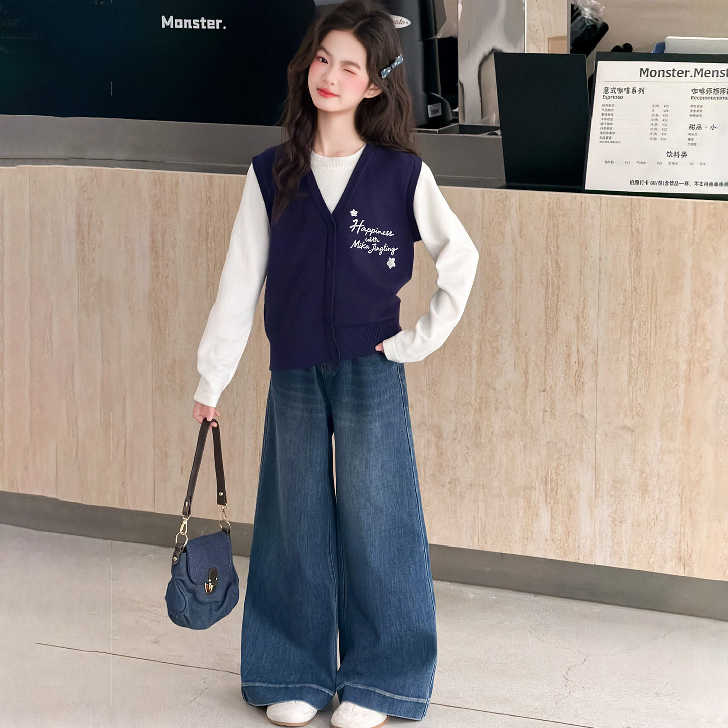 女童秋装套装2026新款韩版时尚女孩假两件针织上衣儿童牛仔阔腿裤