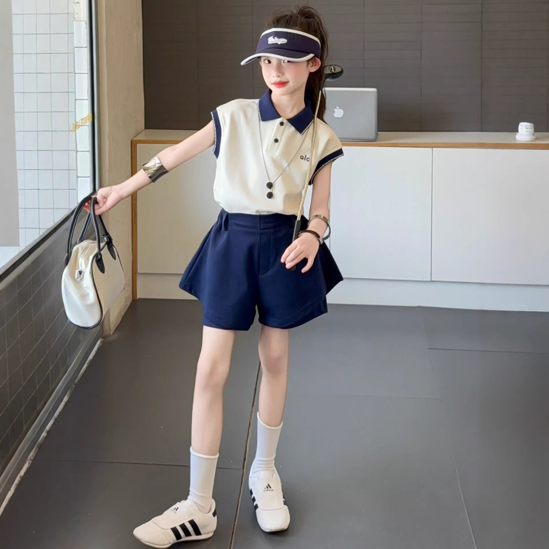 女童韩版炸街运动套装夏季2026新款儿童polo短袖t恤短裤裙两件套9