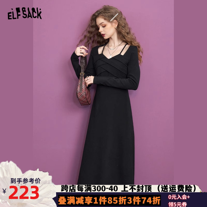 妖精的口袋法式黑色镂空长袖连衣裙女2023冬季新款修身显瘦小黑裙