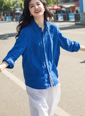 高端棉麻衬衫女春秋防晒开衫法式复古克莱因蓝色长袖衬衣纯棉上衣
