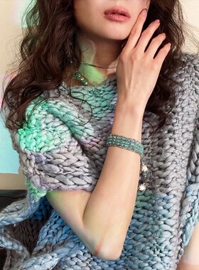 《蓝色岛》天河石用钛钢18k白金  链条织进南美蜡绳的宽手链