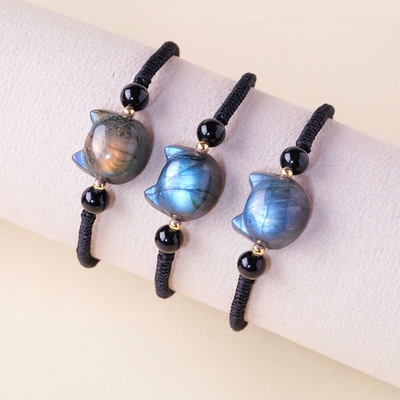 东海天然水晶拉长石无脸猫手链手工编织水晶猫咪饰品手绳手串礼品