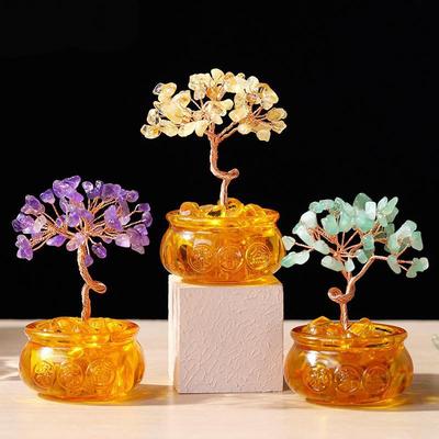 东海聚宝盆水晶树黄水晶发财树家居客厅酒柜桌面装饰品水晶招财树