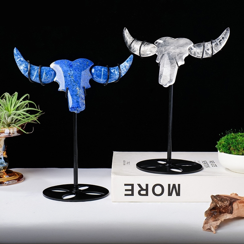 天然水晶牛头摆件水晶原石半宝石雕刻件创意家居办公水晶装饰摆件