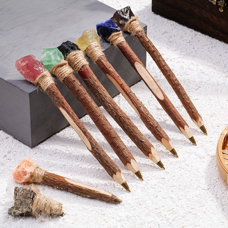 东海天然水晶原石圆珠笔实木魔法笔创意复古风水晶权杖魔法笔摆件