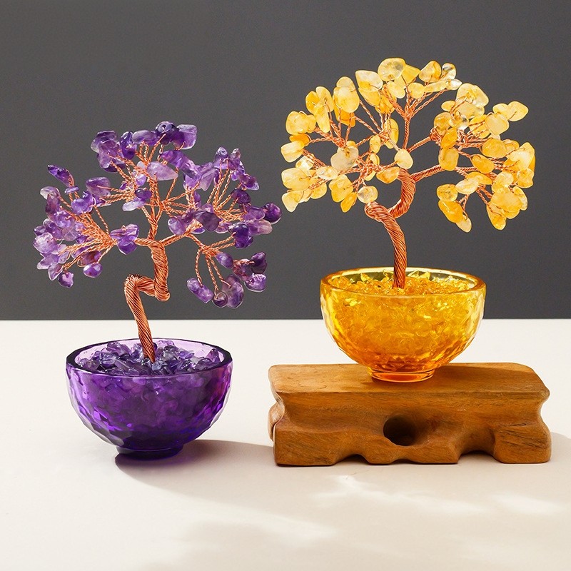 天然水晶树黄水晶发财树彩色琉璃茶盏聚宝盆水晶消磁石招财树摆件