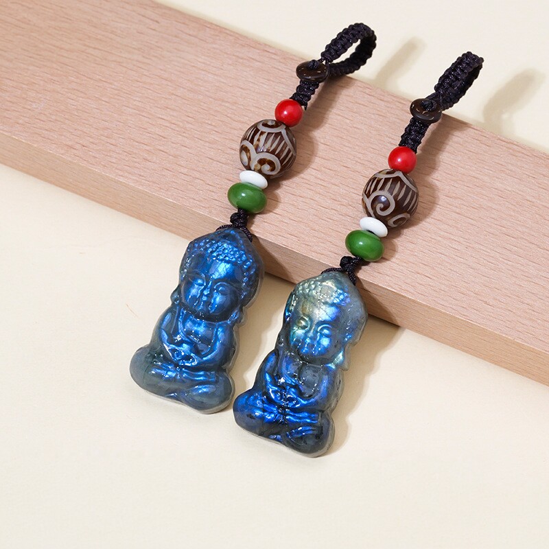 东海天然水晶拉长石宝宝佛手机挂件蓝月光石释迦摩尼佛牌挂件饰品