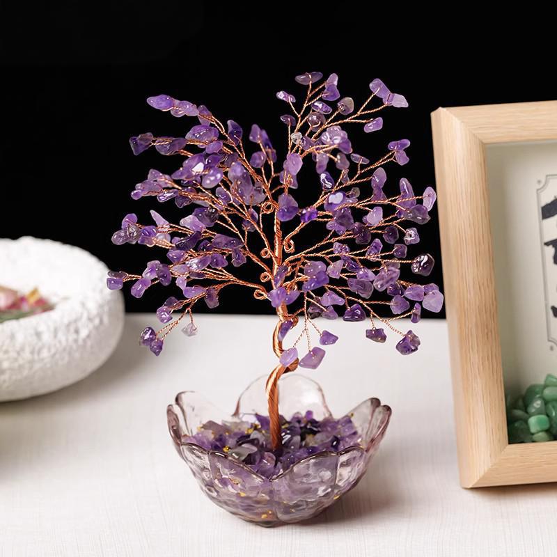 天然水晶碎石樱花碗水晶树手工编织紫黄水晶发财树家居工艺品摆件