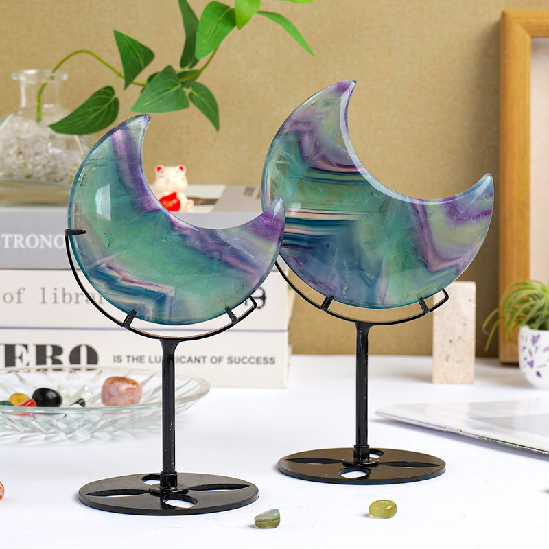 东海厂家天然水晶彩萤石月亮摆件水晶原石打磨雕刻月牙装饰品摆件