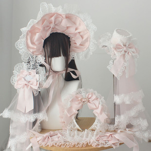 粉色圣诞H手作小物套装 lolita粉白发带 长手袖 头纱小礼帽发箍KC