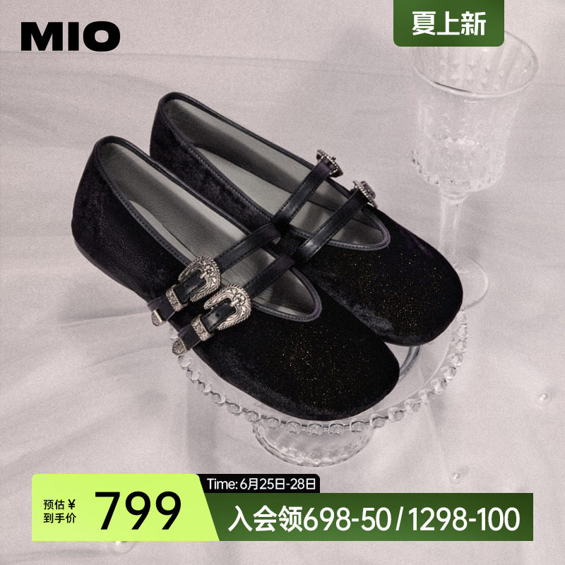 MIO米奥玛丽珍平底春夏款黑色法式复古方头一字带浅口单鞋女鞋