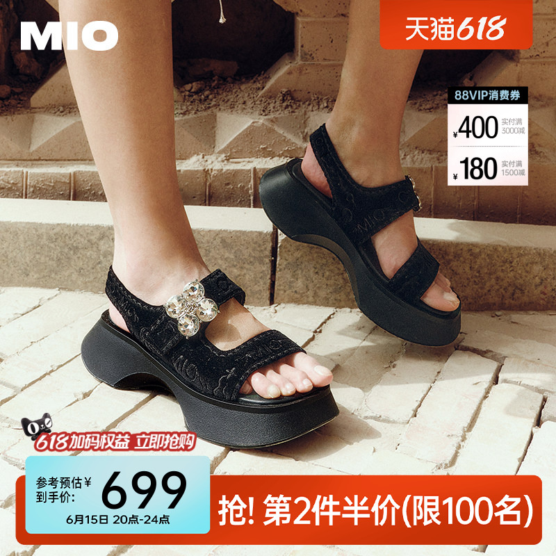 MIO米奥厚底黑色凉鞋女夏款水钻休闲魔术贴增高时尚沙发凉拖