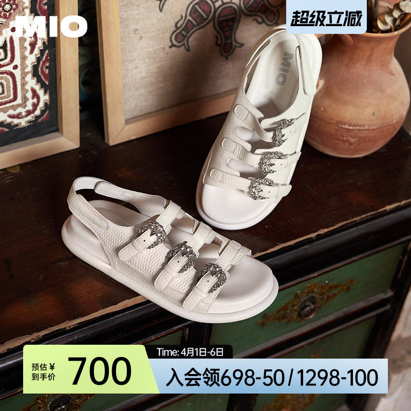MIO米奥勃肯凉鞋女夏季平底一字带罗马露趾外穿沙滩鞋系扣凉拖