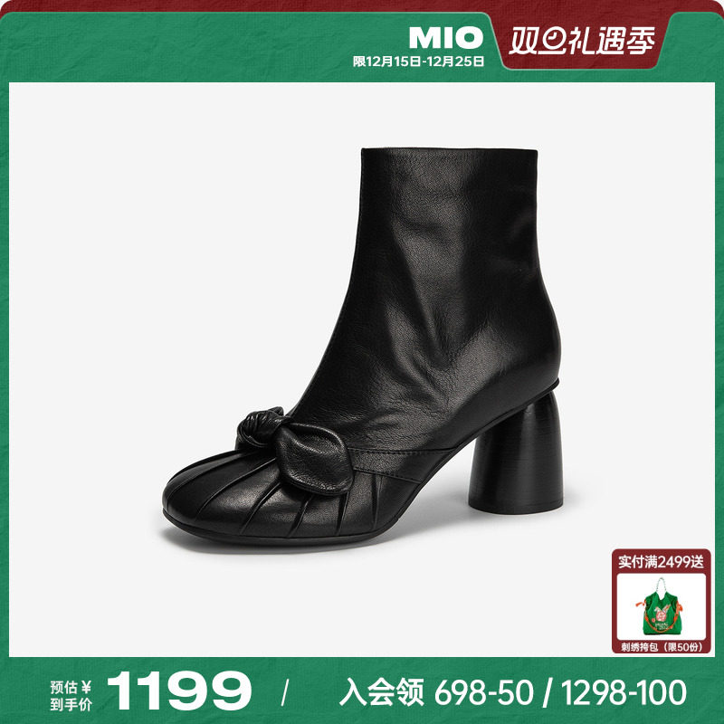MIO米奥2025冬季新款时装靴圆头高跟短筒靴粗跟黑色增高真皮靴