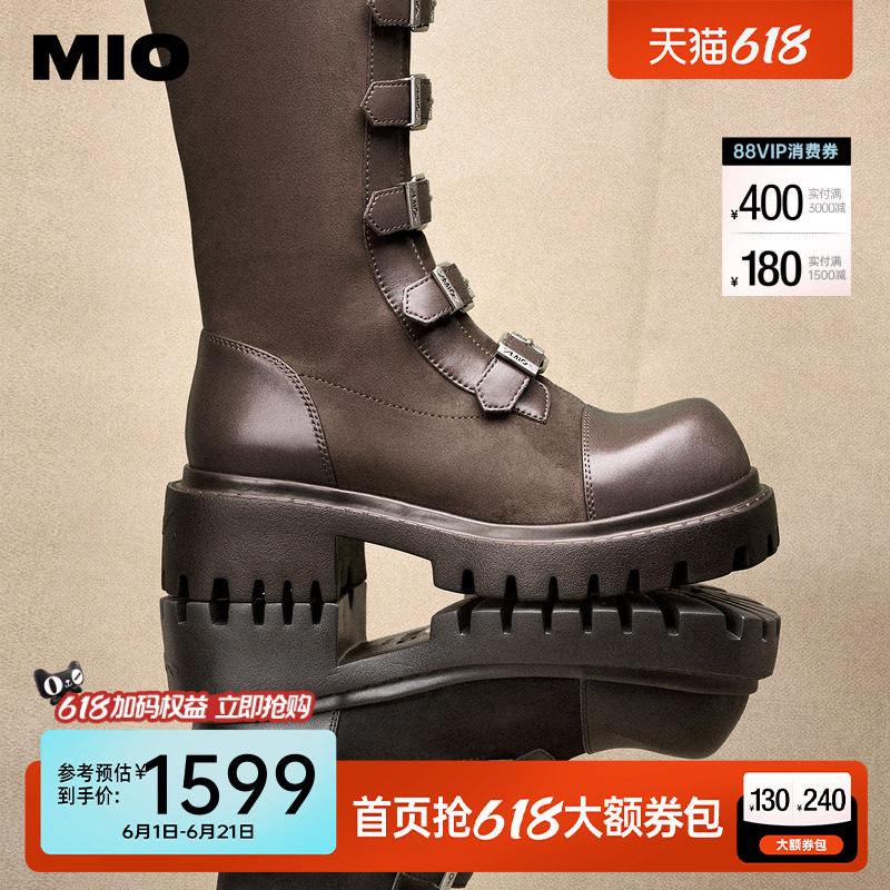 MIO米奥机车骑士靴女款西部牛仔皮扣带2025冬季新款高筒朋克长靴