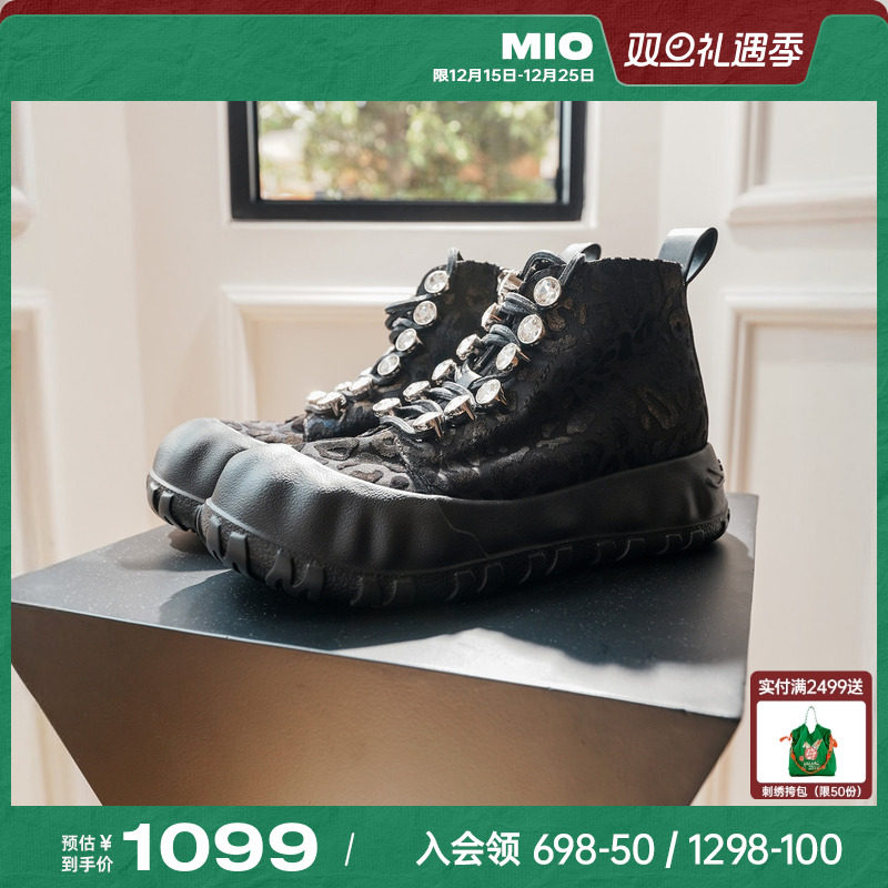 MIO米奥马丁靴2025冬季新款圆头厚底钻饰绑带纯黑短筒时尚女靴