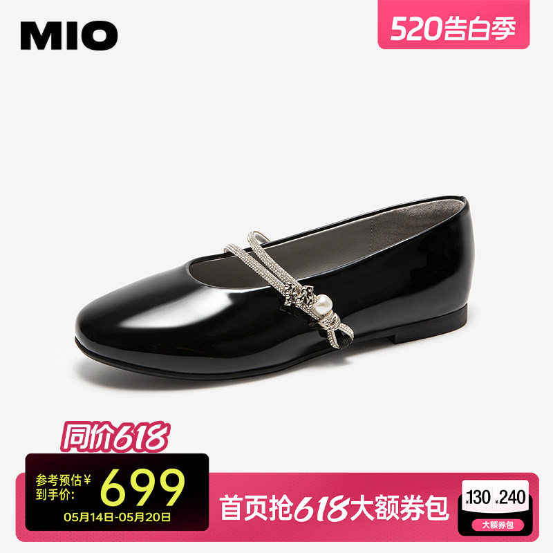MIO米奥单鞋女春季平底一脚蹬一字船鞋带复古圆头波点玛丽珍