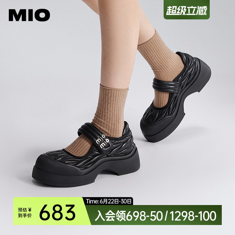 MIO米奥魔术贴玛丽珍鞋圆头小皮鞋坡跟厚底日式软皮浅口单鞋女鞋