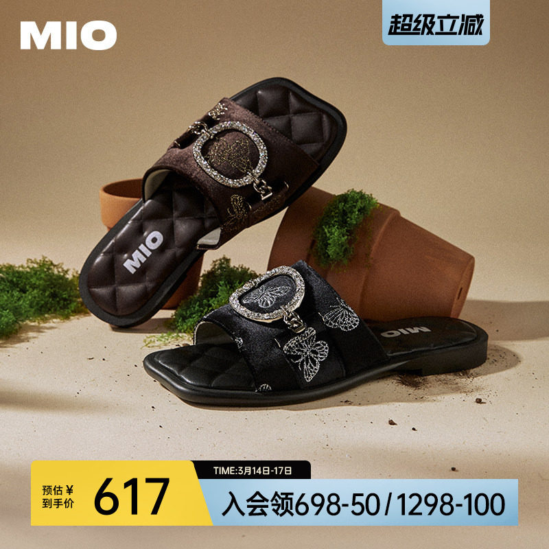 MIO米奥拖鞋女夏季中国风丝绒蝴蝶一字拖复古方头外穿圆扣凉鞋