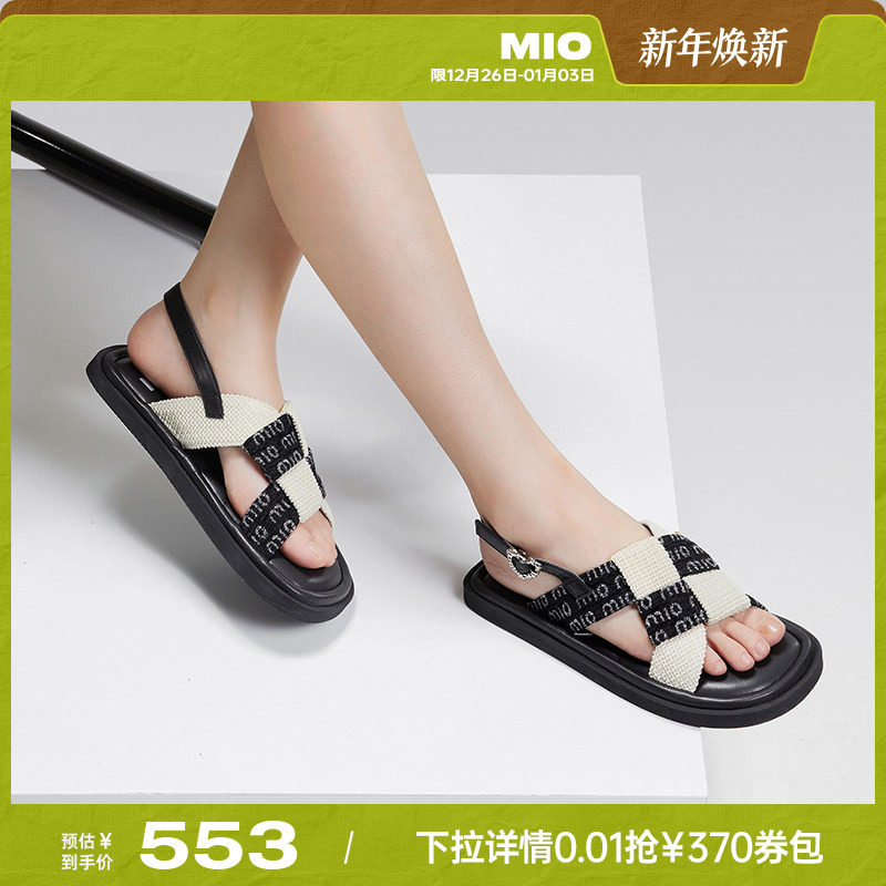 MIO米奥夏季复古拼色编织户外踩屎感凉鞋时髦舒适休闲沙滩鞋女鞋