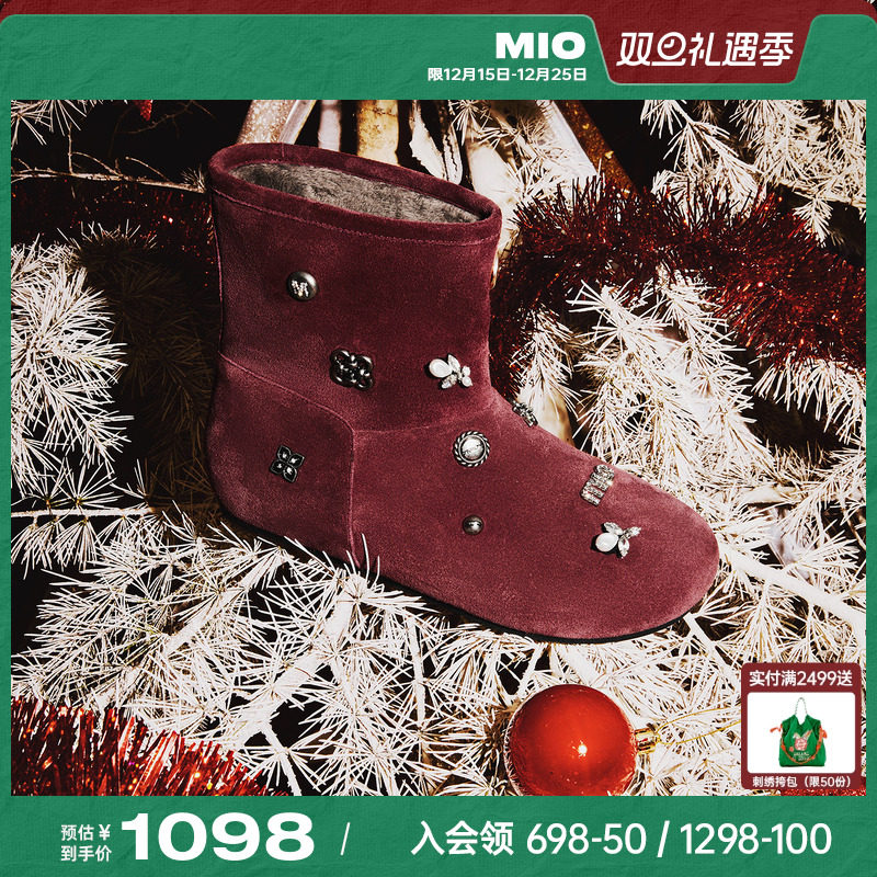 MIO米奥红色雪地靴圣诞2025冬季新款金属饰品保暖圆头短款女靴