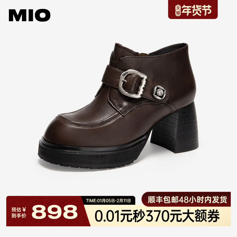 MIO米奥时装靴2025冬季新款粗跟圆头饰扣马丁靴复古增高短筒靴