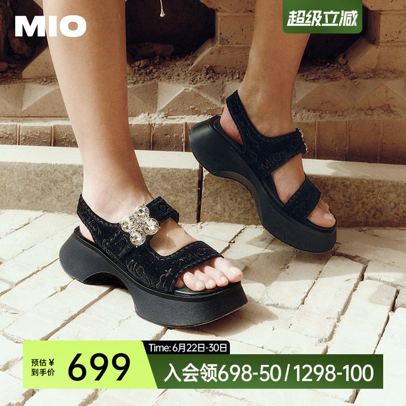MIO米奥厚底黑色凉鞋女夏款水钻休闲魔术贴增高时尚沙发凉拖