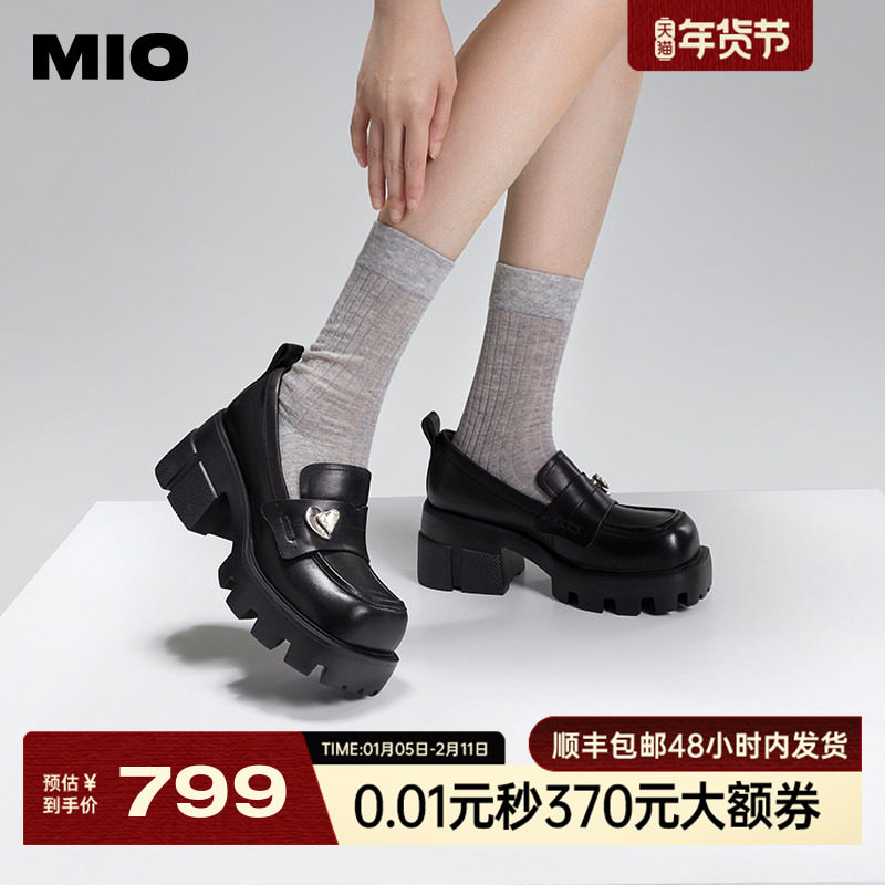 [沈月同款]MIO米奥女鞋方跟单鞋厚底英伦风豆豆鞋爱心钻饰乐福鞋