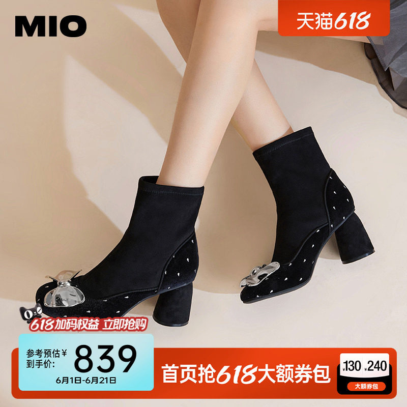 MIO米奥高跟时装靴冬短靴女款粗跟银色蝴蝶结时尚气质弹力袜靴