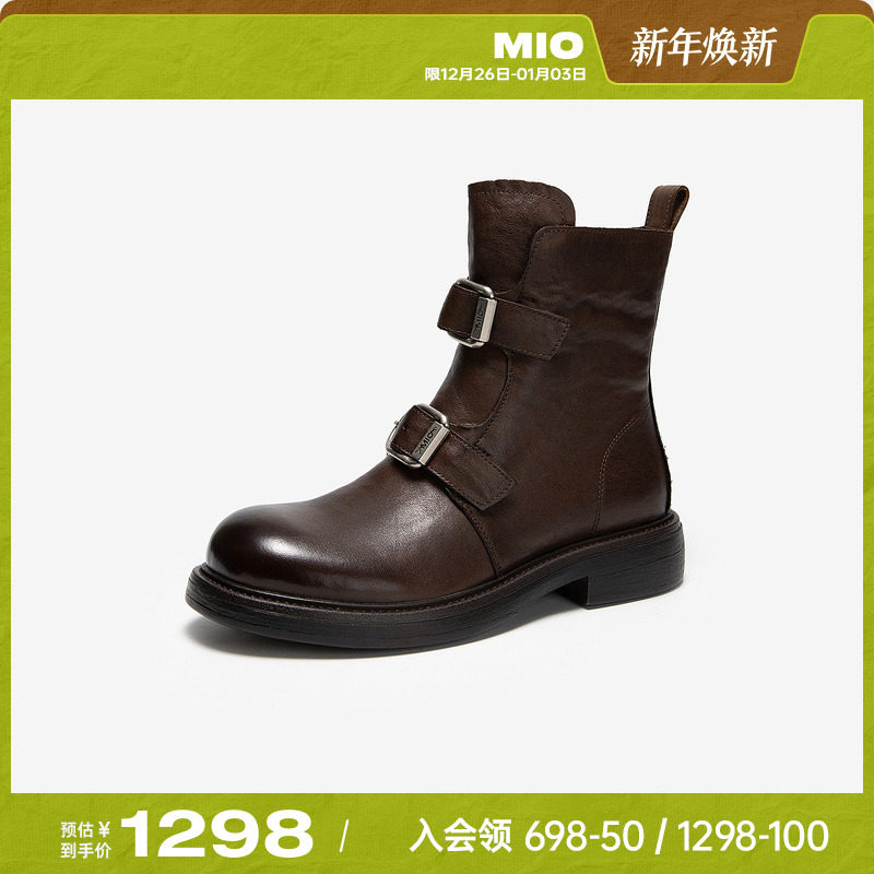 MIO米奥马丁靴皮带扣短靴2025冬季新款复古切尔西靴厚底皮靴女