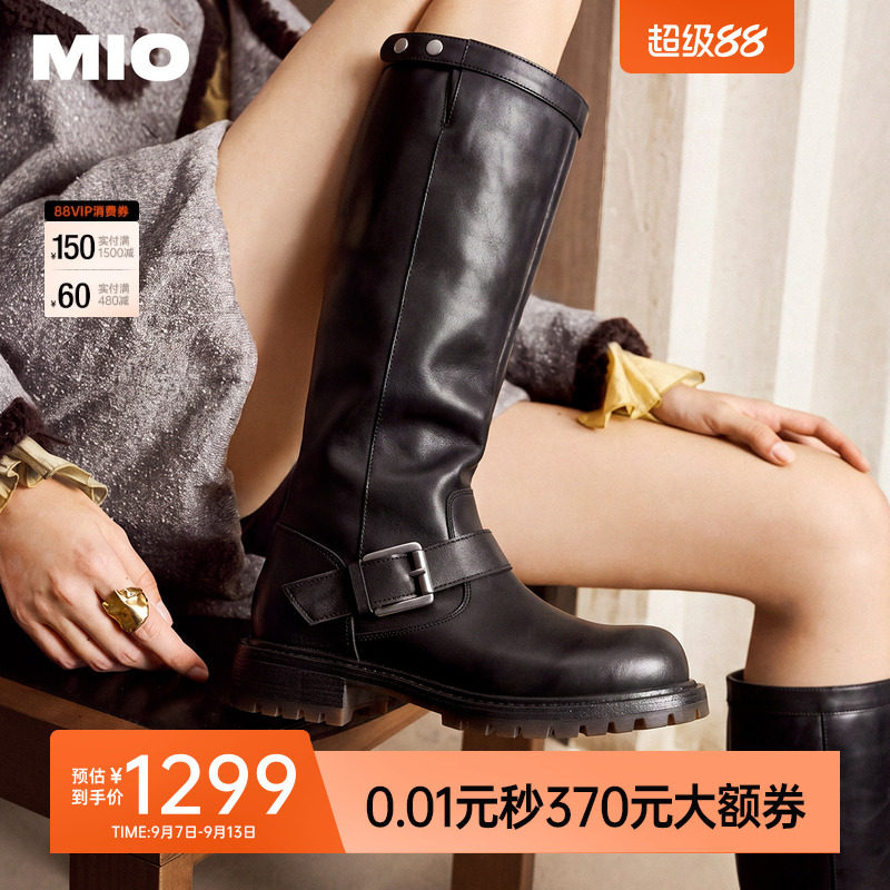 MIO米奥骑士靴2026冬季新款圆头厚底增高铆钉机车风皮带扣女长靴