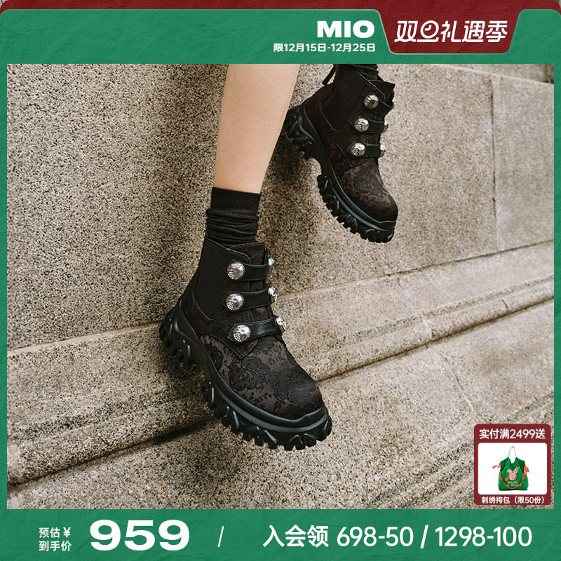 MIO米奥年冬季时尚潮流加绒马丁靴酷飒圆头显高短筒百搭女靴