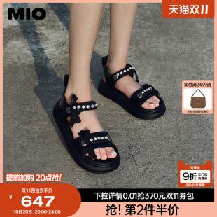 女 闪钻魔术贴简约一字带厚底凉鞋 MIO米奥夏季 中跟休闲凉鞋