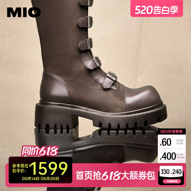 MIO米奥机车骑士靴女款西部牛仔皮扣带2025冬季新款高筒朋克长