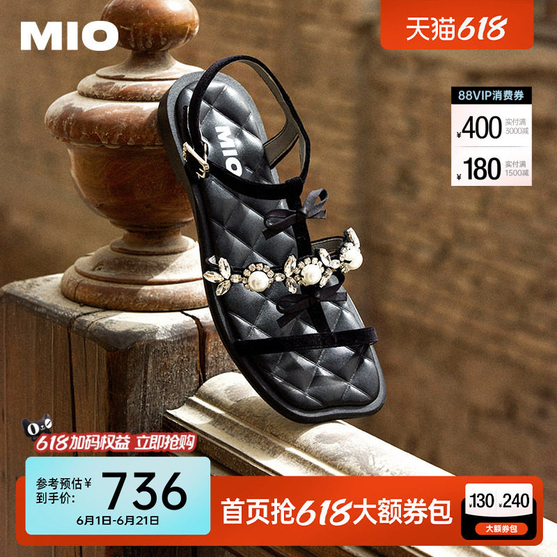 MIO米奥女鞋法式蝴蝶结夏季T字带罗马鞋珍珠平底方头时尚凉鞋