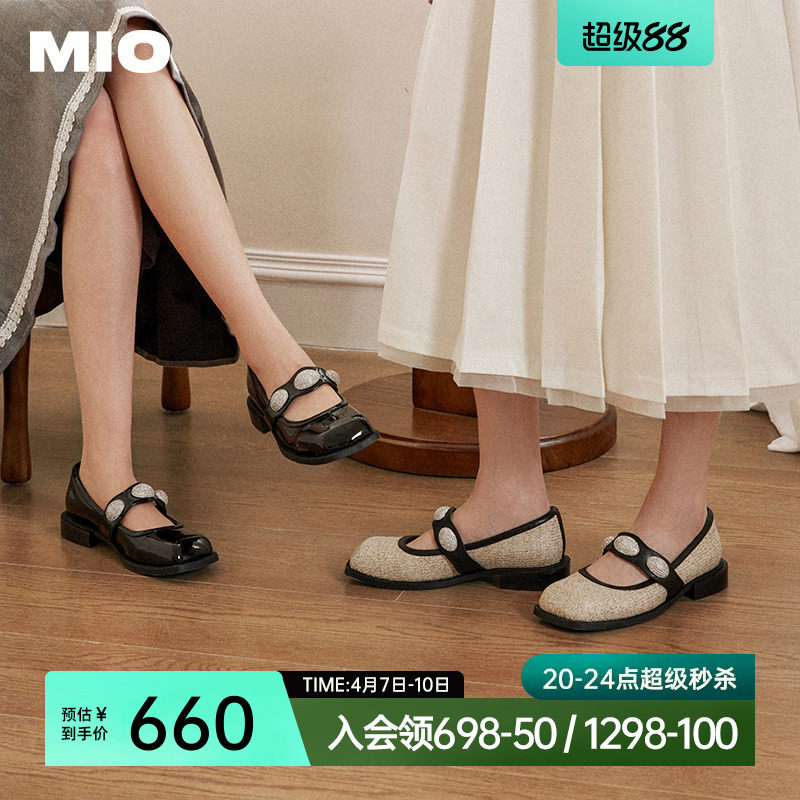 MIO米奥春款复古星光方头玛丽珍鞋黑色圆头小皮鞋粗跟闪钻女单鞋