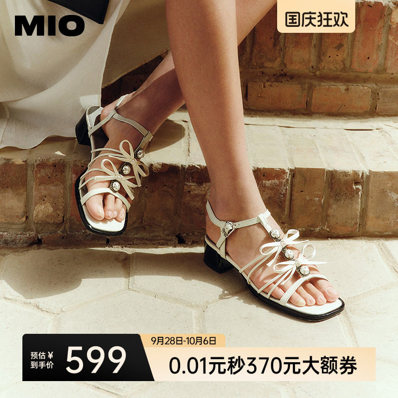MIO米奥夏季低跟凉鞋女法式蝴蝶结方头一字带罗马鞋珍珠空凉图片