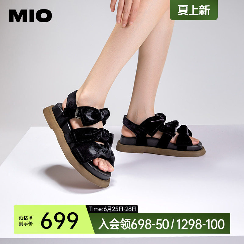 MIO米奥夏季纯色低跟厚底凉鞋复古丝绒蝴蝶结时尚休闲沙滩鞋女鞋