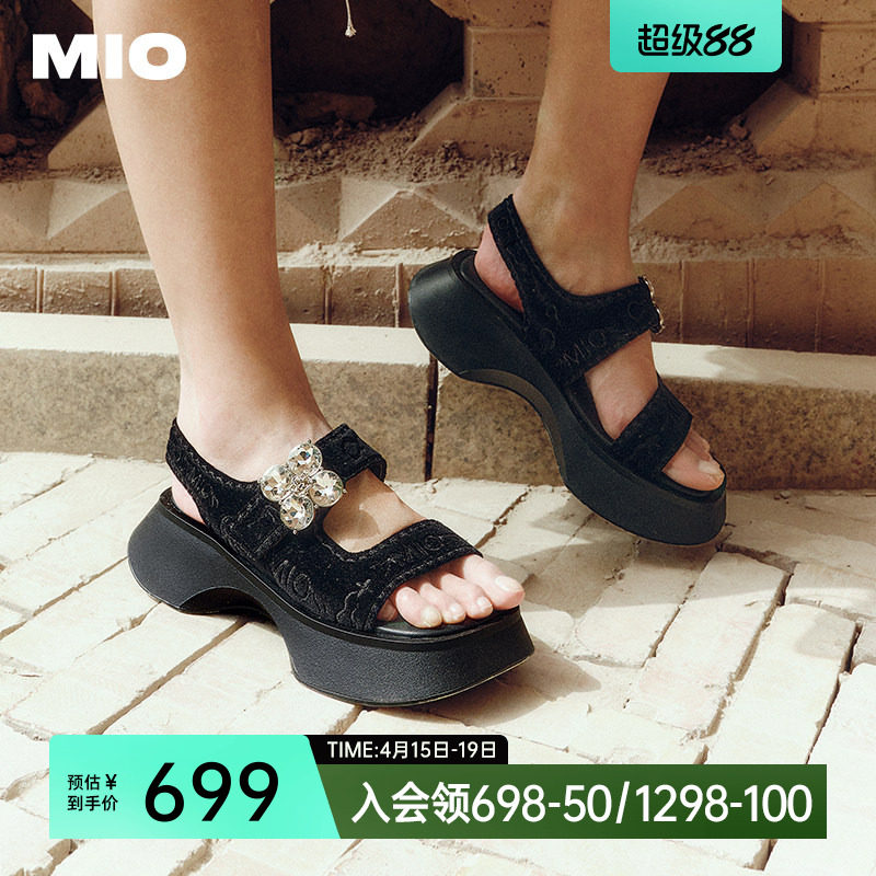 MIO米奥厚底黑色凉鞋女夏款水钻休闲魔术贴增高时尚沙发凉拖