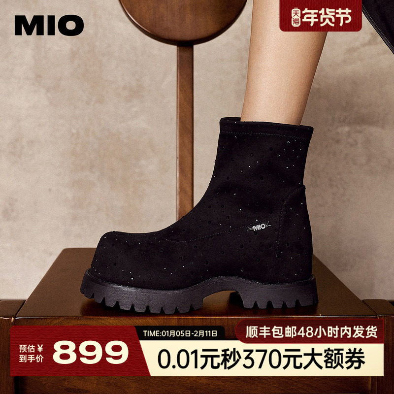 MIO米奥袜靴2025冬季新款圆头中跟厚底增高百搭弹力靴瘦瘦靴女