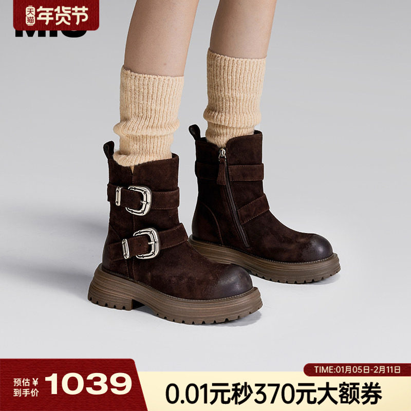 MIO米奥女鞋冬季加绒西部靴马丁靴金属皮带扣短靴厚底皮靴子女靴