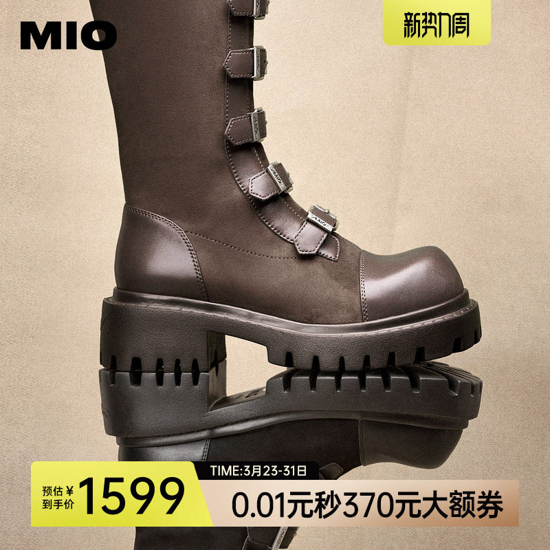 MIO米奥机车骑士靴女款西部牛仔皮扣带2025冬季新款高筒朋克长