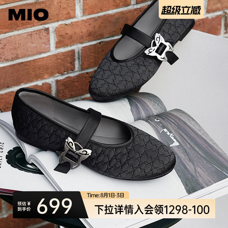 MIO米奥春季编织休闲船鞋复古玛丽珍鞋蝴蝶金属时尚布面单鞋